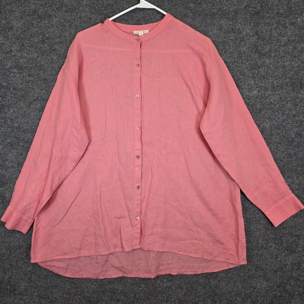 Eileen Fisher Shirt Womens M Pink 100% Organic Linen Mandarin Collar Button Down